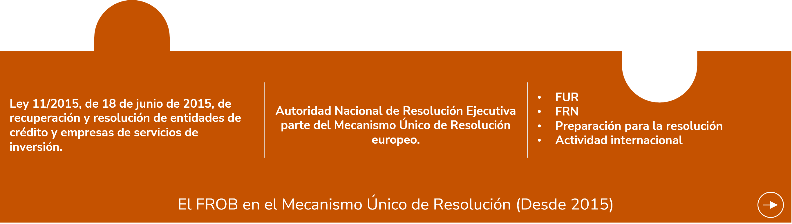 La descripción de la imagen está a continuación: Mecanismo Único de Resolución (2015 – Act.) Ley 11/2015, de 18 de junio de 2015, de recuperación y resolución de entidades de crédito y empresas de servicios de inversión. Autoridad Nacional de Resolución Ejecutiva parte del Mecanismo Único de Resolución europeo. FUR FRN Preparación para la resolución Actividad internacional